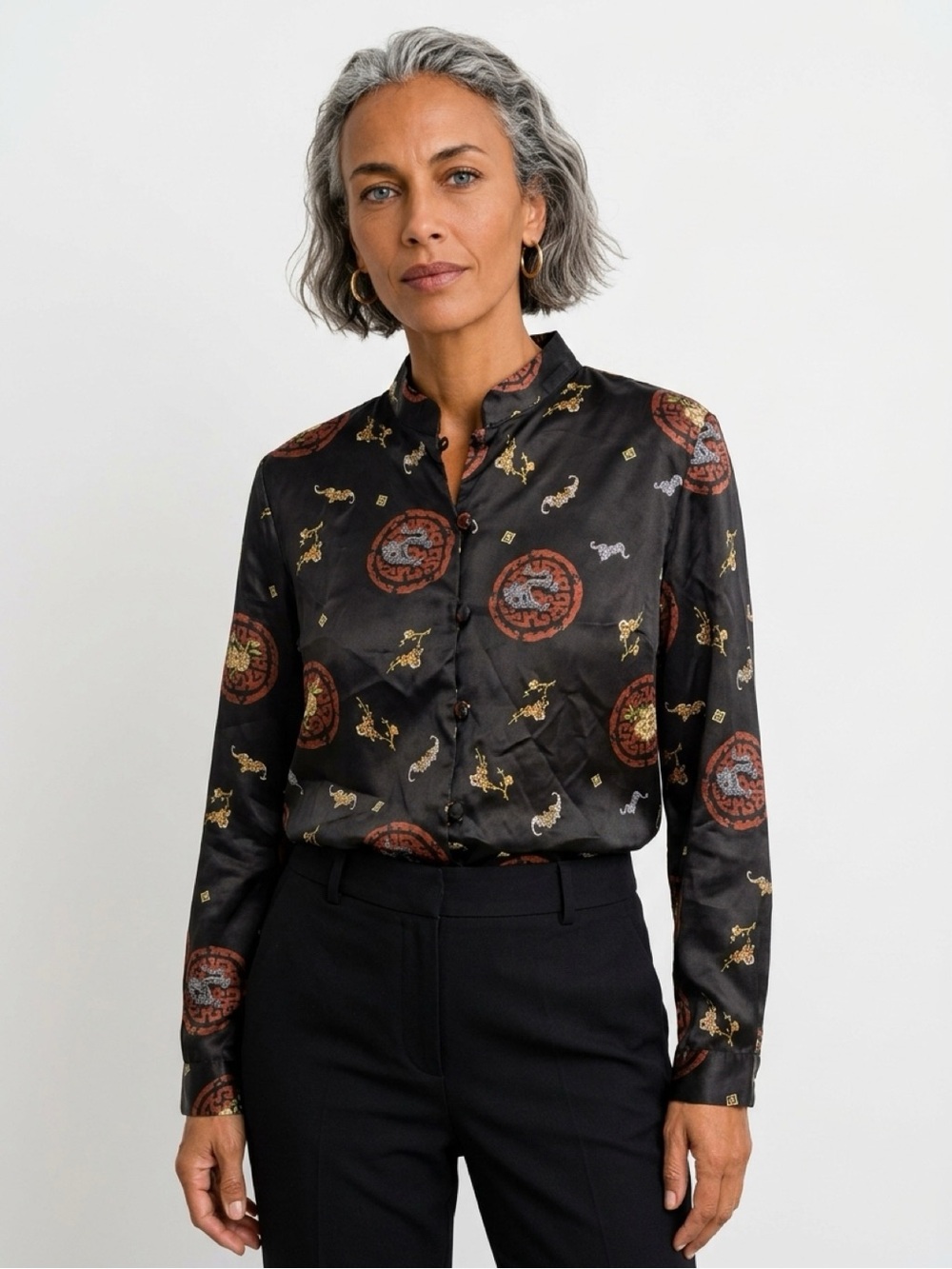 90s Vintage Women's Black Print Button-Up Blouse